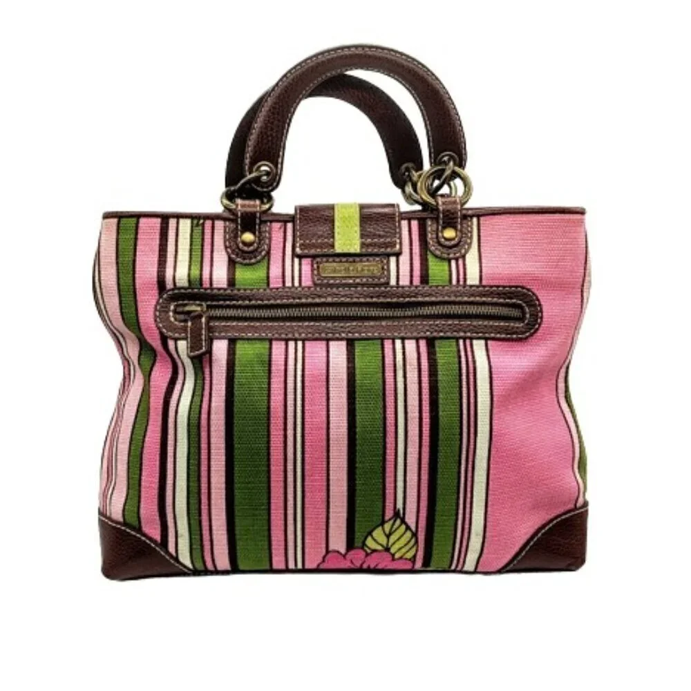Isabella Fiore Pink Green Floral Canvas Brown Pebbled Leather Trim Bag